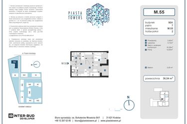 Rzut - Mieszkanie na sprzedaż 2 pokoje o powierzchni 36,54 m² - numer 55 w Piasta Towers bud. 90A