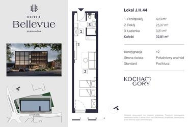 Rzut - Mieszkanie na sprzedaż 1 pokój o powierzchni 32,81 m² - numer 44 w Hotel Bellevue