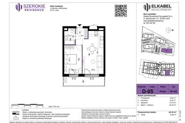 Rzut - Mieszkanie na sprzedaż 2 pokoje o powierzchni 44,18 m² - numer D-05 w Szerokie Residence