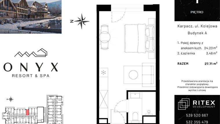 Rzut - Mieszkanie na sprzedaż 1 pokój o powierzchni 27,71 m² - numer 01.A17 w Onyx Resort & Spa