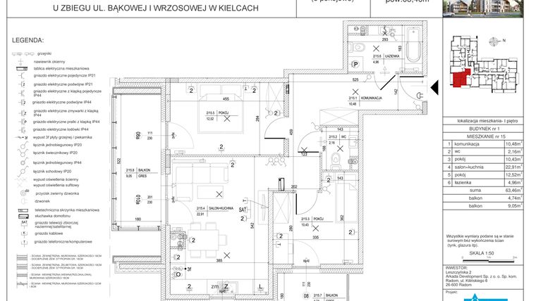 Rzut - Mieszkanie na sprzedaż 3 pokoje o powierzchni 63,46 m² - numer 1. 15 w Apartamenty Wrzosowa