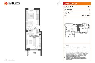 Rzut - Mieszkanie na sprzedaż 2 pokoje o powierzchni 35,61 m² - numer E.12 w Osiedle Warszawska
