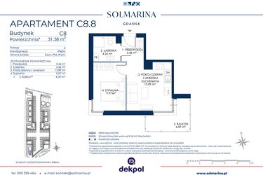 Rzut - Mieszkanie na sprzedaż 2 pokoje o powierzchni 31,58 m² - numer C8.8 w Sol Marina etap III