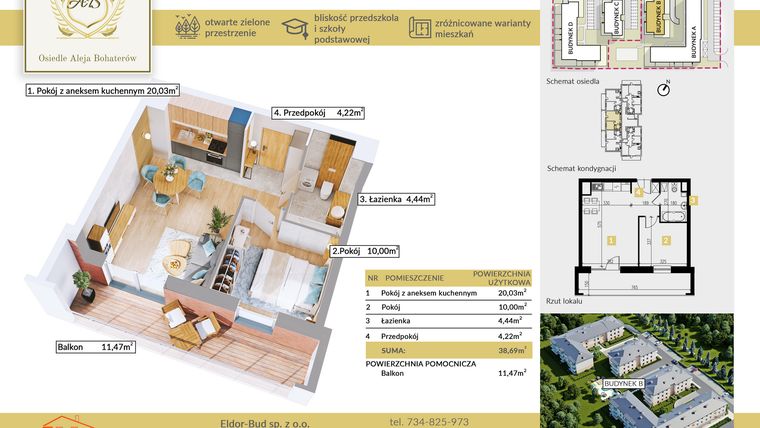 Rzut - Mieszkanie na sprzedaż 2 pokoje o powierzchni 38,69 m² - numer B.7 w Aleja Bohaterów