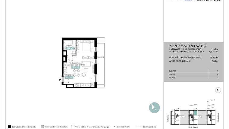 Rzut - Mieszkanie na sprzedaż 1 pokój o powierzchni 45,62 m² - numer A2 113 w Mikato