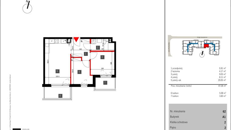 Rzut - Mieszkanie na sprzedaż 3 pokoje o powierzchni 47,26 m² - numer 62 w Mochtyńska 56