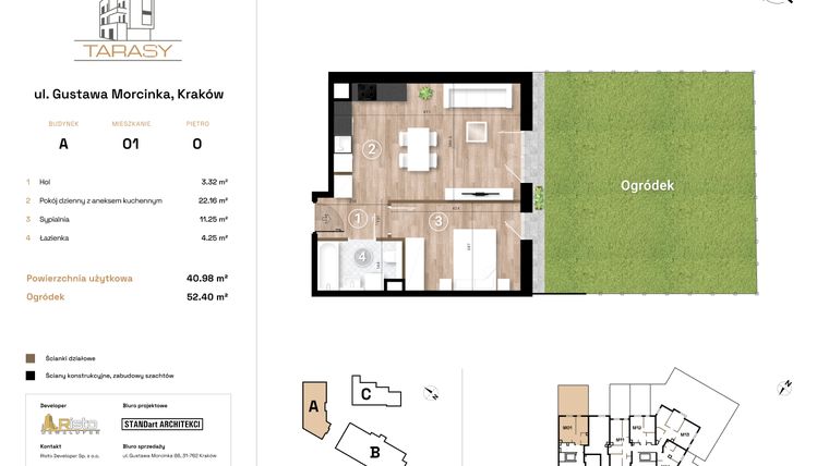 Rzut - Mieszkanie na sprzedaż 2 pokoje o powierzchni 40,98 m² - numer A1 w Krzesławickie Tarasy