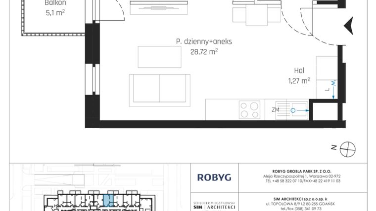 Rzut - Mieszkanie na sprzedaż 1 pokój o powierzchni 33,98 m² - numer J.2M22 w Nadmotławie Apartments etap J