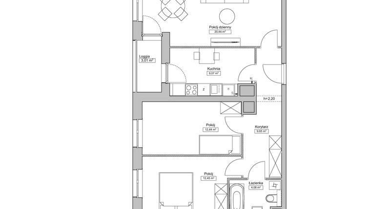 Rzut - Mieszkanie na sprzedaż 3 pokoje o powierzchni 68,12 m² - numer LEG/B/6/4 w Legnicka Residence