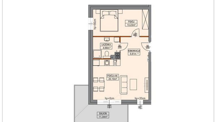 Rzut - Mieszkanie na sprzedaż 2 pokoje o powierzchni 43,83 m² - numer B3.1.11.2a w Stegna Park II
