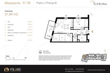 Rzut - Mieszkanie na sprzedaż 3 pokoje o powierzchni 51,86 m² - numer K1.06 w Korkowa 146