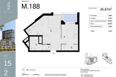 Rzut - Mieszkanie na sprzedaż 2 pokoje o powierzchni 45,67 m² - numer M188 w Sky Trust etap II