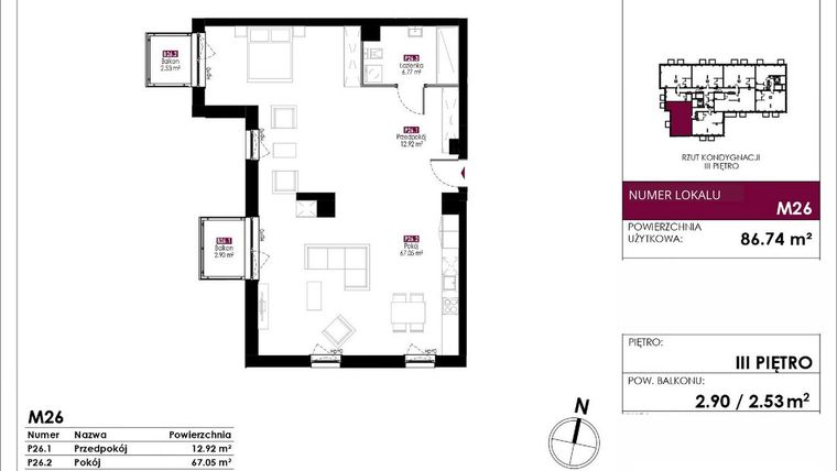 Rzut - Mieszkanie na sprzedaż 4 pokoje o powierzchni 86,74 m² - numer M26 w Słowackiego 78