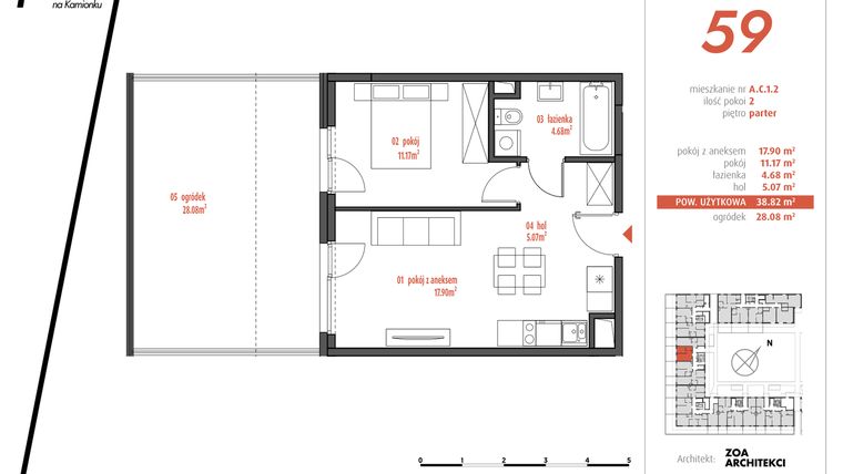 Rzut - Mieszkanie na sprzedaż 2 pokoje o powierzchni 38,8 m² - numer AC1.2 w PUR