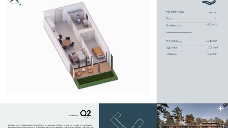 Rzut - Mieszkanie na sprzedaż 2 pokoje o powierzchni 43,08 m² - numer 0.H14 w Linea Mare - apartamenty inwestycyjne