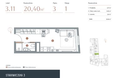 Rzut - Mieszkanie na sprzedaż 1 pokój o powierzchni 20,4 m² - numer 3.11 w Starowiejska 3
