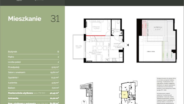 Rzut - Mieszkanie na sprzedaż 1 pokój o powierzchni 61,66 m² - numer B31 w Stawowa Residence - etap V