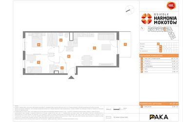Rzut - Mieszkanie na sprzedaż 3 pokoje o powierzchni 61,37 m² - numer E.53 w Osiedle Harmonia Mokotów etap 2