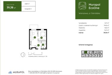 Rzut - Mieszkanie na sprzedaż 2 pokoje o powierzchni 39,38 m² - numer 3.A.1.13 w Murapol EcoOne