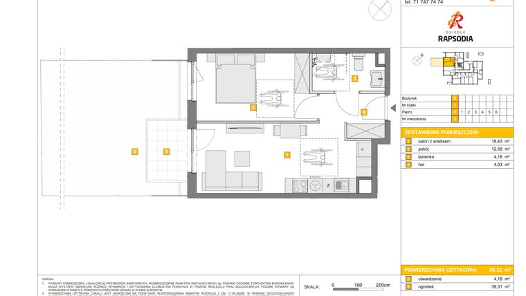 Rzut - Mieszkanie na sprzedaż 2 pokoje o powierzchni 39,22 m² - numer B.5 w Osiedle Rapsodia etap 2