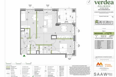 Rzut - Mieszkanie na sprzedaż 3 pokoje o powierzchni 74,81 m² - numer F1.A.01.05 w Verdea Żoliborz