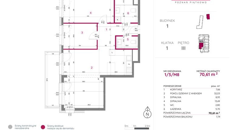 Rzut - Mieszkanie na sprzedaż 3 pokoje o powierzchni 70,61 m² - numer 1/3/M8 w Lechicka 65