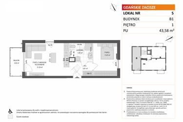 Rzut - Mieszkanie na sprzedaż 2 pokoje o powierzchni 43,58 m² - numer B1.5 w Gdańskie Zacisze