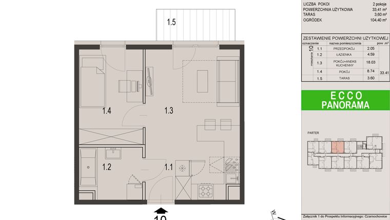Rzut - Mieszkanie na sprzedaż 2 pokoje o powierzchni 33,41 m² - numer 10C w Ecco Panorama etap II budynki C, D