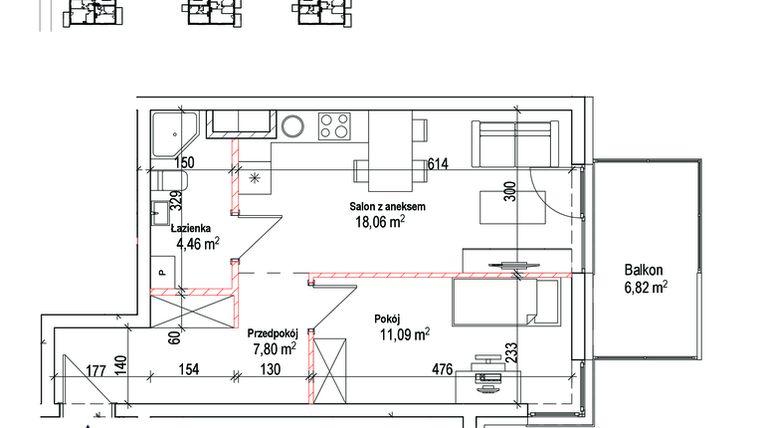 Rzut - Mieszkanie na sprzedaż 2 pokoje o powierzchni 41,41 m² - numer 21A w Łowicka 25