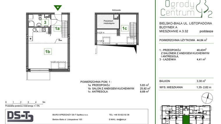 Rzut - Mieszkanie na sprzedaż 1 pokój o powierzchni 44,84 m² - numer A.3.32 w Ogrody Centrum 2