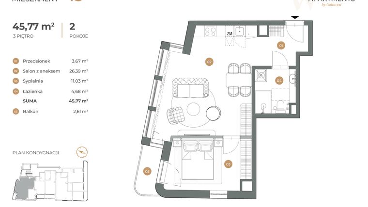 Rzut - Mieszkanie na sprzedaż 2 pokoje o powierzchni 45,77 m² - numer 13 w Witkiewicza Apartments
