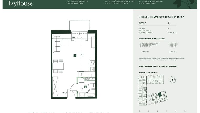 Rzut - Mieszkanie na sprzedaż 1 pokój o powierzchni 33,69 m² - numer C.3.1 w IVY HOUSE - Apartamenty inwestycyjne