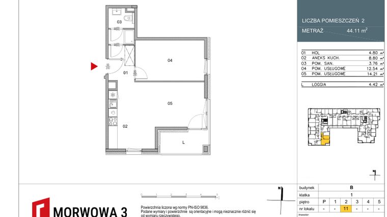 Rzut - Mieszkanie na sprzedaż 2 pokoje o powierzchni 44,11 m² - numer 11 w Morwowa 3 - Apartamenty Inwestycyjne