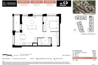 Rzut - Mieszkanie na sprzedaż 2 pokoje o powierzchni 51,86 m² - numer B1.1.18 w Browary Tarnowskie