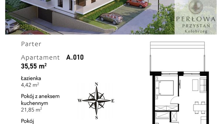 Rzut - Mieszkanie na sprzedaż 2 pokoje o powierzchni 35,55 m² - numer A.010 w Perłowa Przystań - Kołobrzeg - etap II