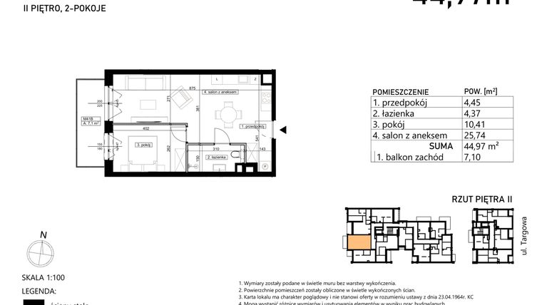 Rzut - Mieszkanie na sprzedaż 2 pokoje o powierzchni 44,97 m² - numer M41 w Finezja