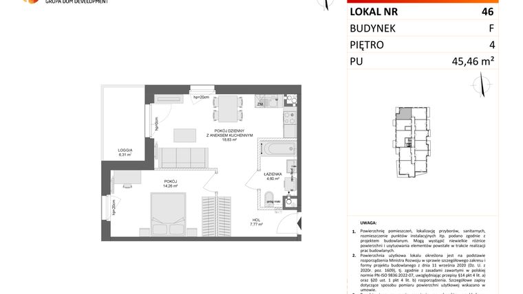 Rzut - Mieszkanie na sprzedaż 2 pokoje o powierzchni 45,46 m² - numer F.46 w Osiedle Synteza etap IV