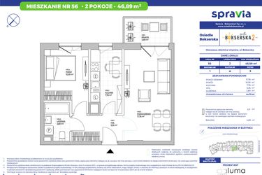 Rzut - Mieszkanie na sprzedaż 2 pokoje o powierzchni 46,89 m² - numer B1.56 w Osiedle Bokserska 2