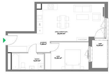 Rzut - Mieszkanie na sprzedaż 2 pokoje o powierzchni 47,92 m² - numer B2-15 w Forma Otwarta etap II