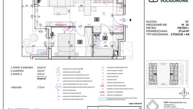 Rzut - Mieszkanie na sprzedaż 2 pokoje o powierzchni 37,64 m² - numer 20 w Apartamenty Poligonowa etap 5