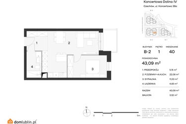 Rzut - Mieszkanie na sprzedaż 1 pokój o powierzchni 43,09 m² - numer 40 w Koncertowa Dolina