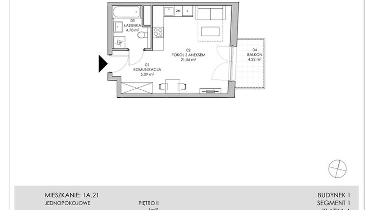 Rzut - Mieszkanie na sprzedaż 1 pokój o powierzchni 31,35 m² - numer 1A.21 w Skwer Harmonia II