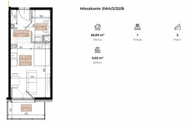 Rzut - Mieszkanie na sprzedaż 1 pokój o powierzchni 26,65 m² - numer SWA/2/22/B w Apartamenty Świeradowska