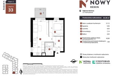 Rzut - Mieszkanie na sprzedaż 2 pokoje o powierzchni 44,38 m² - numer A33 w Nowy Reden