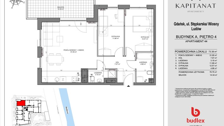 Rzut - Mieszkanie na sprzedaż 3 pokoje o powierzchni 70,75 m² - numer A44 w Kapitanat A