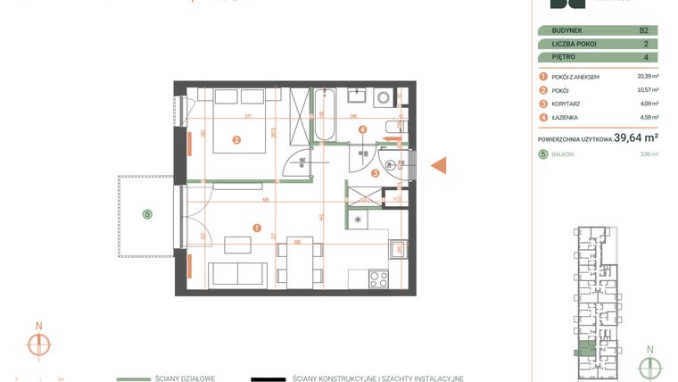 Rzut - Mieszkanie na sprzedaż 2 pokoje o powierzchni 39,64 m² - numer M.04.04 w Casa Feliz Portowa