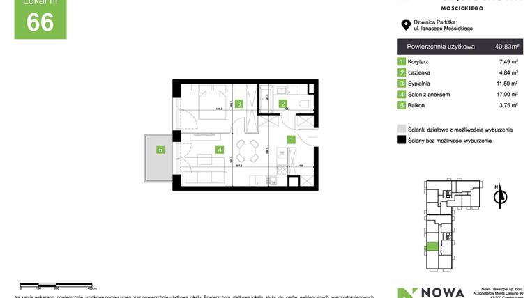 Rzut - Mieszkanie na sprzedaż 2 pokoje o powierzchni 40,83 m² - numer M66 w Nowa Częstochowa Mościckiego