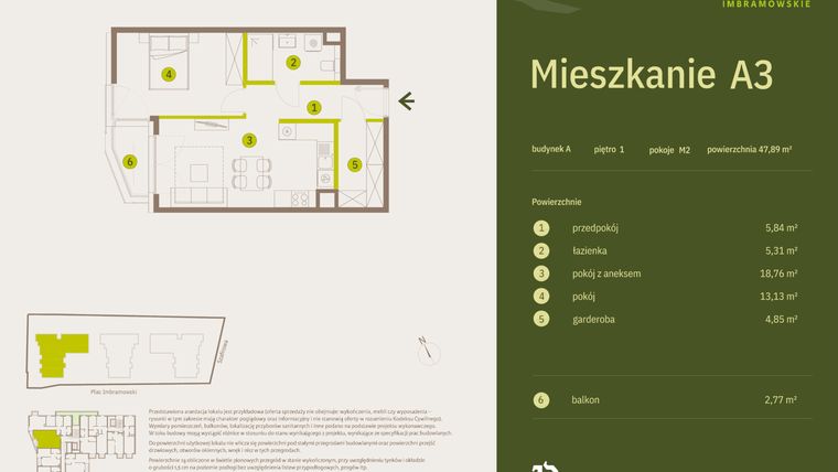 Rzut - Mieszkanie na sprzedaż 2 pokoje o powierzchni 47,89 m² - numer A3 w Osiedle Imbramowskie
