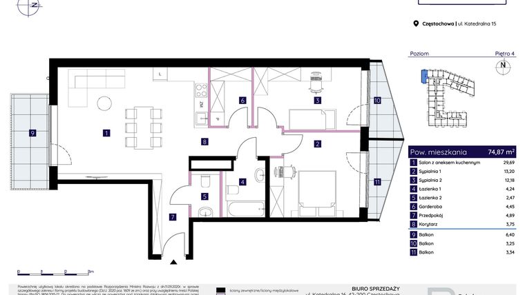 Rzut - Mieszkanie na sprzedaż 3 pokoje o powierzchni 74,87 m² - numer 15/74 w Osiedle Neonowe