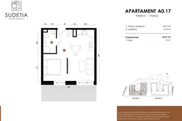Rzut - Mieszkanie na sprzedaż 1 pokój o powierzchni 32,91 m² - numer A 0.17 w Apartamenty Sudetia